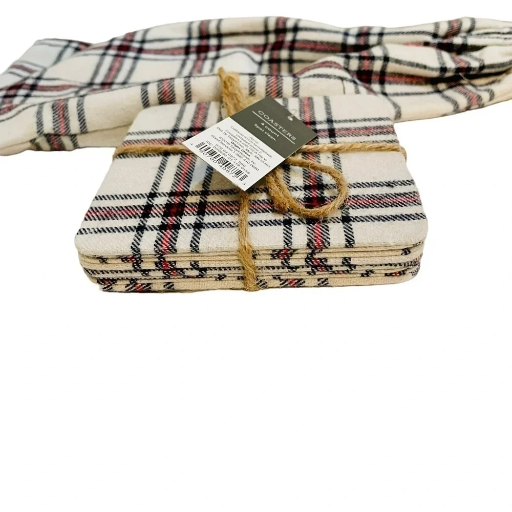 Threshold Plaid Holiday Christmas Fabric Drawstring Wine Bag and four Coasters